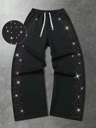 Street Life Pantalones de chándal casuales de moda de calle para hombres con cordón en la cintura, sueltos y de pierna ancha con detalles de strass