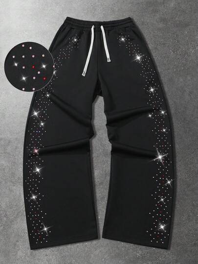 Street Life Pantalon de survêtement ample à taille coulissante avec strass, style mode de rue décontracté pour hommes