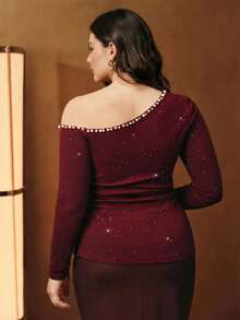 Anewsta Nouveau Top pour femmes grande taille à manches longues avec épaule oblique, orné de strass rouges laser. Convient pour le printemps, les fêtes de la Saint-Valentin - Rouge foncé - Voir 3