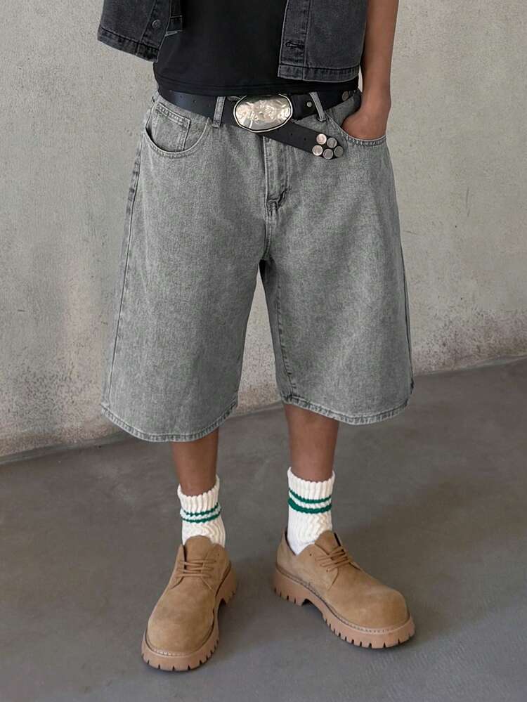 STEELVANCE Men's Light Blue Washed Denim Loose Casual Shorts Jorts - Light Grey - View 5