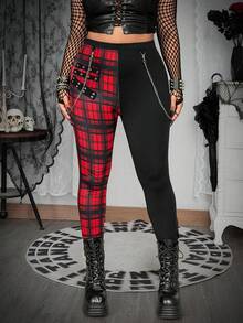 Whyspr Plus Size Punk Plaid Patchwork Eyelet Lace-Up Leggings, Spring/Summer - Multicolor - View 7