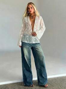 Aloruh Áo kiểu Bohemian dáng rộng, tay loe, cổ chữ V sâu, chất liệu xuyên thấu, gợi cảm dành cho nữ. - Màu be - Xem 6