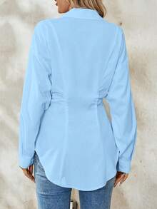 SHEIN Tall Kemeja Wanita Kasual Longgar Model Bahu Jatuh Lengan Panjang Warna Polos, Cocok untuk Perjalanan Sehari-hari di Musim Semi dan Gugur, Wanita Tinggi - Baby Blue - View 2