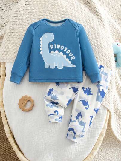 Newborn Baby Boy Casual Cute Cartoon Pattern Knit Long Sleeve Top And Elastic Waist Pants Set