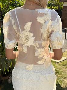 Livesso Women's Sheer Sexy Elegant Short Sleeve Top - Beige - View 3