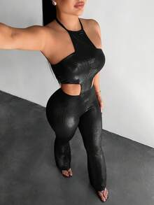 SHEIN SXY Sexy Burgundy Hollow-Out Bodycon Jumpsuit - Black - View 1