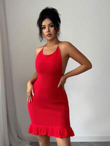 Rafferiza Women's Halter Tie-Up Backless Knitted Dress And Ruffle Cuff Knitted Cardigan Fashion Party Outfit