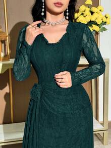 Modelyn Elegant midiklänning med volanger och spetsmönster för kvinnor, lämplig för fester och evenemang - Mörk Grön - Visa 6