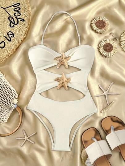SHEIN Traje de baño de una pieza con escote halter y decoración de estrella de mar para niña preadolescente