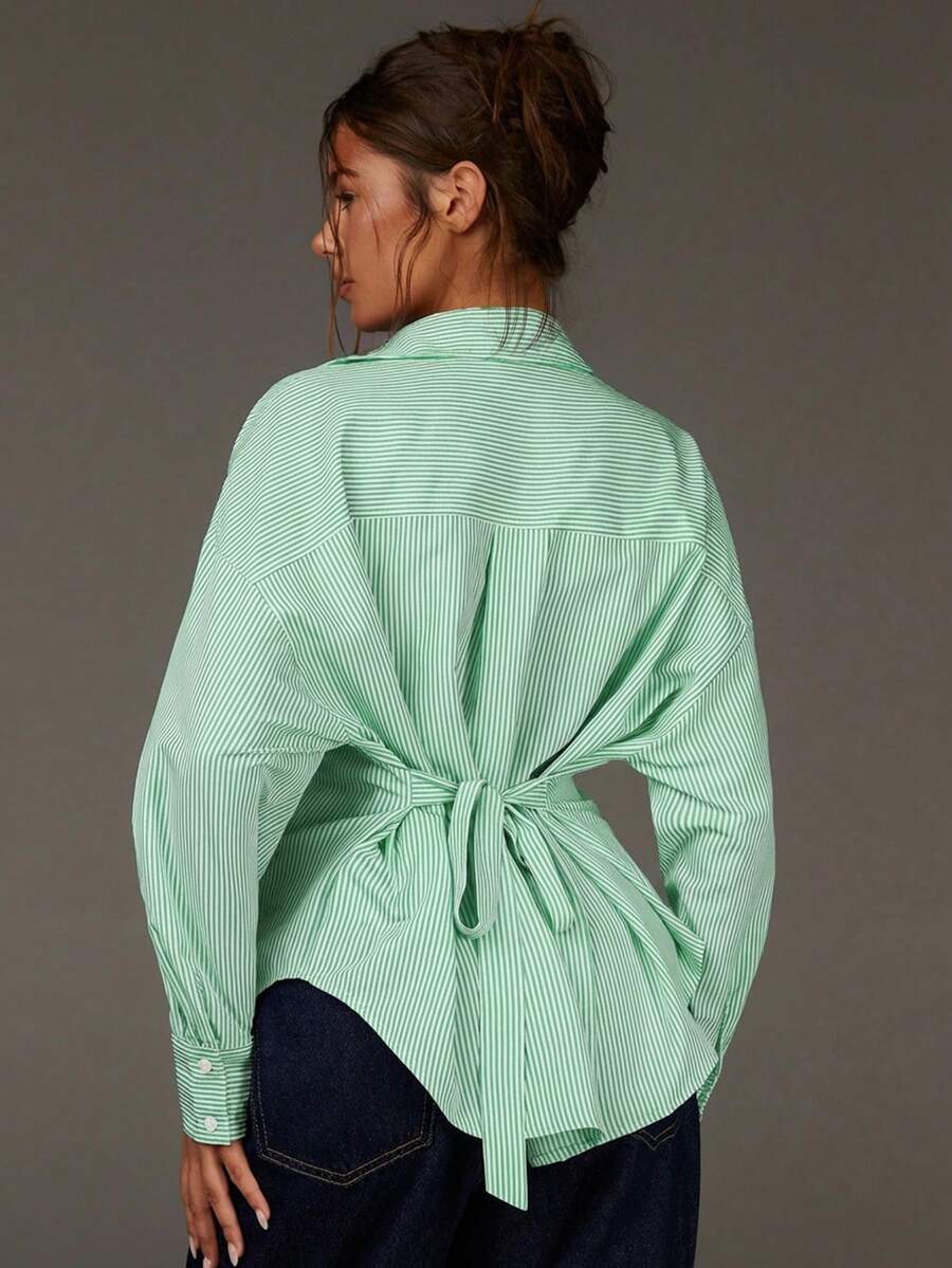 Athîral Women's Striped Drop Shoulder Long Sleeve Casual Shirt With Back Knot - Green - View 1