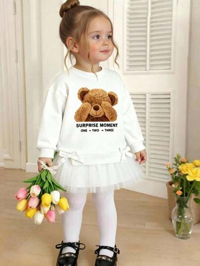 SHEIN Baby Girl Unisex Infant Toddler 6M-3Y Casual Elegant Sweatshirt Dress, Mesh Hem Design, Comfortable Crew Neck Long Sleeve Sweatshirt Tulle Dress, Suitable For Autumn/Winter/Spring, Lightweight & Comfortable, Ideal For Autumn/Winter Wear, Fashionable Casual Outfit, Back To School, Gatherings, Outdoor Picnics, Street Photography, Holidays, Gifts White Dress With Long Sleeves For Toddler Long Sleeve Toddler Dress Toddler Girl Clothes Baby Girl White Dress Baby Girls Sweatshirts