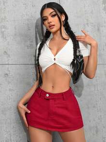 SHEIN Tall Women's Casual Versatile Denim Skorts With Waist Button Design - Red - View 6