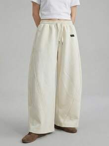 Ontre 2026春夏女装梭织条纹浪漫情人节杏色喇叭裤，宽松版型，适合独立日、都市时尚、简约通勤穿着。 - 杏色 - 查看 3