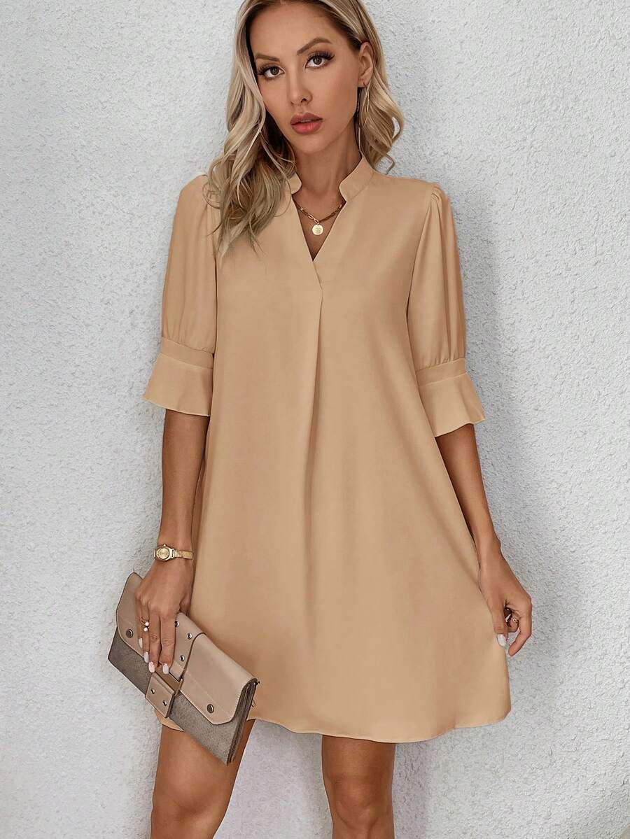 SHEIN Clasi Đầm nữ màu trơn cổ chữ V tay bồng dáng rộng - Màu Khaki - Xem 1