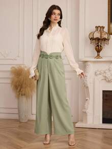 Modelyn Women's Romantic Floral Ribbon Waist Loose Fit Casual Pants - Green - View 5