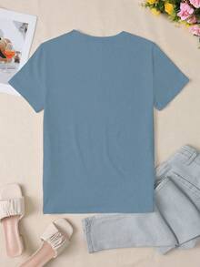 Coffee Beans Embroidery Graphic Round Neck Women T-Shirt - Dusty Blue - View 2