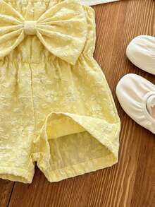 一件式可爱女宝宝休闲简约夏季蓝白条纹蝴蝶结背带连体短裤，返校季，时尚街头风，母女装 - 黃色 - 查看 4