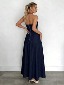 Siren Gaze Women's Casual Denim Halter Neck Dress With Contrast Trim, Summer - Dark Wash - View 4