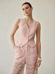 MOTF PREMIUM FASHIONABLE & ELEGANT CUSTOM-MADE SLEEVELESS VEST, LIGHTWEIGHT LUXURY LACE BEADED TRIM V-NECK FITTED VEST, SPRING/SUMMER - Pink - View 1