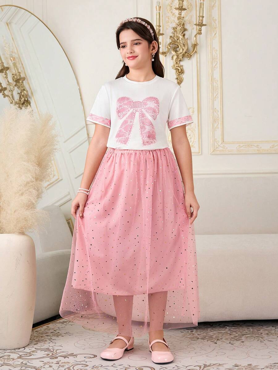 2pcs/Set Tween Girls Casual Jewel Embellished Round Neck Short Sleeve T-Shirt And Elegant Sheer Sequins Tulle Skirt, Spring/Summer,Holiday,Summer,Travel - Multicolor - View 1
