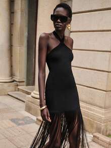 Lumivelle 女士春夏新款交叉吊带系带修身针织连衣裙，饰有优雅流苏拼接，时尚别致 - 黑色 - 查看 4