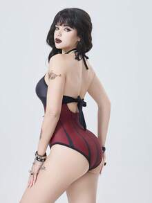 ROMWE 2026 New Arrival Printed Bat Design Halter Neck Backless One-Piece Swimsuit, Sexy Gothic Style For Summer Beach, Pool Party - Burgundy - View 2