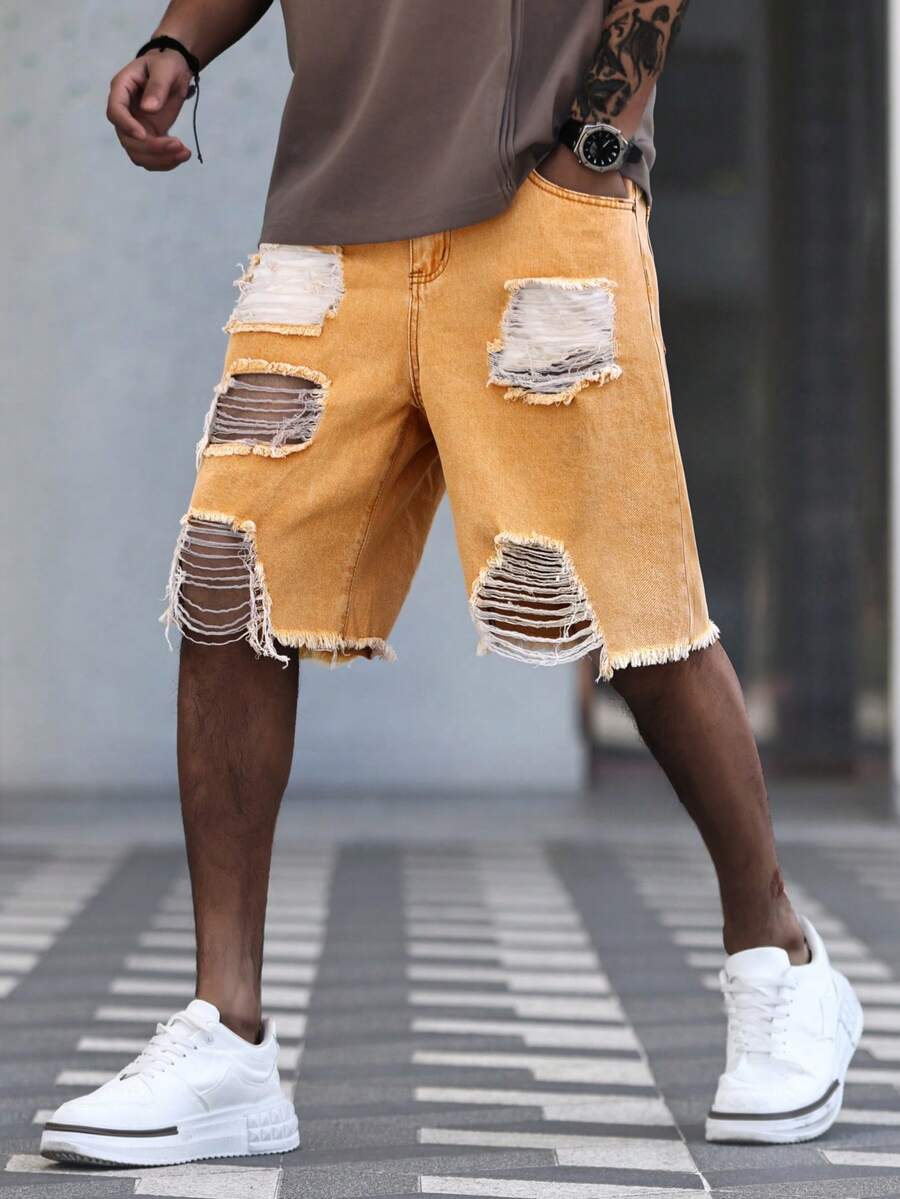 Manfinity Roughcore Men's Solid Color Distressed Frayed Hem Loose Fit Denim Shorts, Summer Men's Ripped Denim Shorts - Brown - View 1