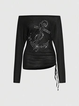 Grunge Punk Camicetta trasparente a maniche lunghe con spalle scoperte, stile punk navy con rivetti a forma di ancora