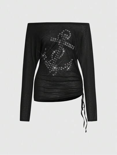 Grunge Punk Navy Punk Style Anchor Rivet Off Shoulder Women's Long Sleeve Sheer Blouse