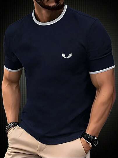 Manfinity Mode Men's Round Neck Short Sleeve Embroidered Pattern T-Shirt, Navy Blue Summer Top, Navy Mens T Shirt Mens Casual Tops Double Side Men Cotton Tshirts Men Summer Outfits Men T Shirts Men T Shirts Old Money,Daily Leisure, Weekend Trips, Outdoor Activities, Travel Expeditions, Relaxed Work Environments Or Semi-Formal Occasions, Boyfriend/Husband Gift, Anniversary /Birthday Gift Party Summer New Years Wedding Valentine's Day Blue Tops For Men Navy Blue Top Men Mens Clothing Online Men Clothing