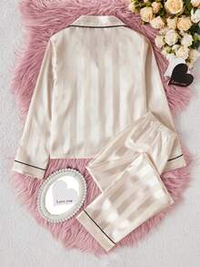 Tween Girls Pajamas-2 Piece Pajama Set Heart Embroidery Satin Look Champagne Pink Button Front Notch Collar Long Sleeve Top Long Pants Contrast Black Piping Sleepwear Four Seasons Holiday 2026 Essential Gift Cozy Versatile - Champagne - View 2