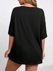 EMERY ROSE 加大码女式标语米兰意大利字母印花T恤短袖休闲上衣图案T恤女式上衣 - 黑色 - 查看 2