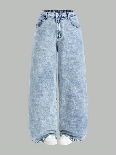 SHEIN MOD 大码女式无弹力牛仔裤，修身水洗浅蓝色休闲直筒牛仔裤