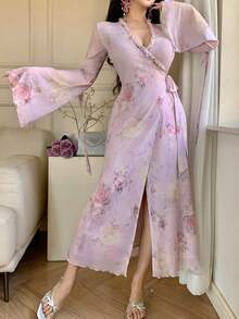 DAZY 春夏花卉蕾丝印花优雅长裙，适合情人节、婚礼、派对、正式场合，修身连衣裙 - 紫色 - 查看 4