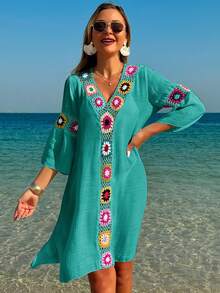 Swim Lushoire Women's V-Neck 3/4 Sleeve Crochet Floral Random Color Loose Side Slit Beach Cover Up Dress - Green - View 4