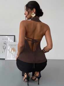 Firerie Spring/Summer New Elegant Casual Commuter Vintage Modern Asymmetrical Collar Sleeveless Halter Backless Bow Decor Fitted Black Blouse,Brown Top - Chocolate Brown - View 4