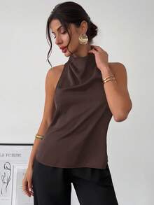 Firerie Spring/Summer New Elegant Casual Commuter Vintage Modern Asymmetrical Collar Sleeveless Halter Backless Bow Decor Fitted Black Blouse,Brown Top - Chocolate Brown - View 7