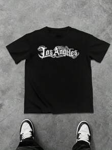 Manfinity LEGND Plus Size Men's Letter Print Round Neck Short Sleeve Casual Versatile T-Shirt Los Angeles T-Shirt - Black - View 4