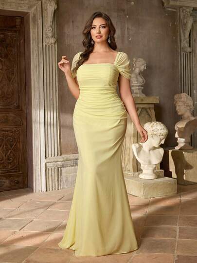 Aureia Plus Size Elegant Yellow Chiffon Wedding Party Cocktail Bridesmaid Dress For Formal Occasions