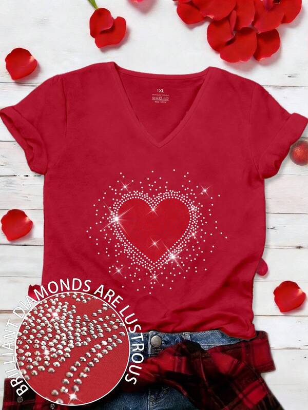 EMERY ROSE Plus Size Women's Summer V-Neck Heart Valentine's Day Heart Rhinestone T-Shirt Women's Tops