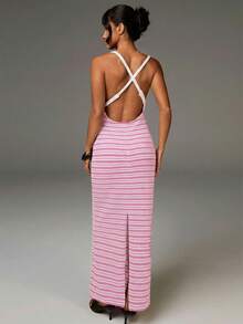 Athîral 女士条纹紧身长吊带派对连衣裙 - 淺粉色 - 查看 2