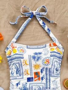 Soleia Plus Size Women's White,Summer,Boho,Vacation,Holiday Knit Hibiscus Print Halter Waist Ruched Fitted Fashion Camisole,Party,Date,Easter,Beach Cruise - Multicolor - View 6