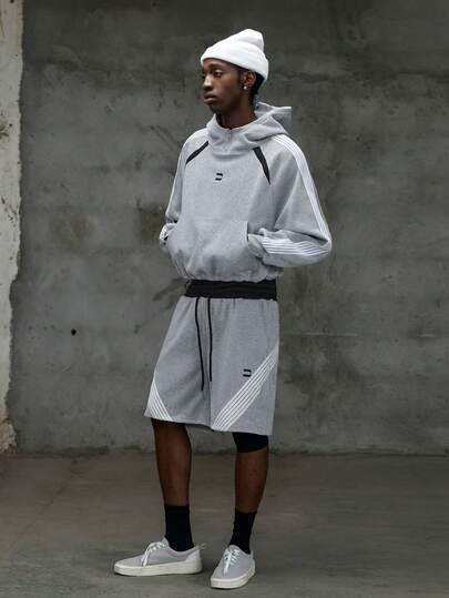 NEON BLANC Men's Casual Loose Shorts, Light Gray With Embroidered Patchwork, Summer