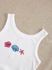 INAWLY Áo tank top cổ tròn dành cho nữ với họa tiết thêu hoa Hawaii, vỏ sò và sao biển. - trắng - Xem 5