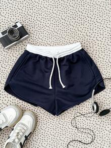 SHEIN Teen Girls' White & Navy Casual Sports Minimalist Drawstring Elastic Waist Super Low Rise Shorts Set, Suitable For Spring/Summer - Blue and White - View 3