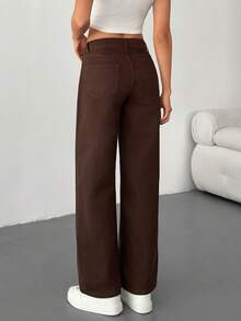 EURMUSE Mid Waist Asymmetric Belt Wideleg Jean Cowboy Pants For Women Brown Pants Western Pants Pants Wide Leg - Brown - View 2