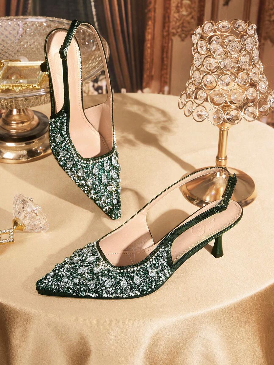 CUCCOO TILAWA 女士鞋履春秋新款尖头细高跟深绿色水钻后跟绑带性感时尚华丽宴会派对夜店女士高跟鞋露跟鞋情人节 - 墨綠色 - 查看 1