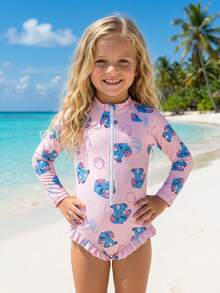SHEIN Girls' Blue Cute Cartoon Print Long Sleeve One-Piece Swimsuit Set (With Hat), Girls' Swimsuit Set, Girls' Beach Outfit, Girls' Long Sleeve Rash Guard Beach Set Suitable For Vacation, Summer Zipper Round Neck Swimsuit - Baby Pink - View 6