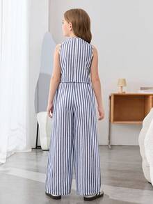 SHEIN Tween Girls 2 件套：条纹撞色背心和阔腿裤，休闲度假风格 - 藍色 - 查看 2