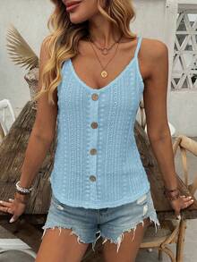 EMERY ROSE Women's Light Blue Chic Knitted Semi-Sheer Eyelet Embroidery Cami Top V Neck Regular Length,Summer Boho Casual Vacation Holiday Tank Top For Concert - Blue - View 6